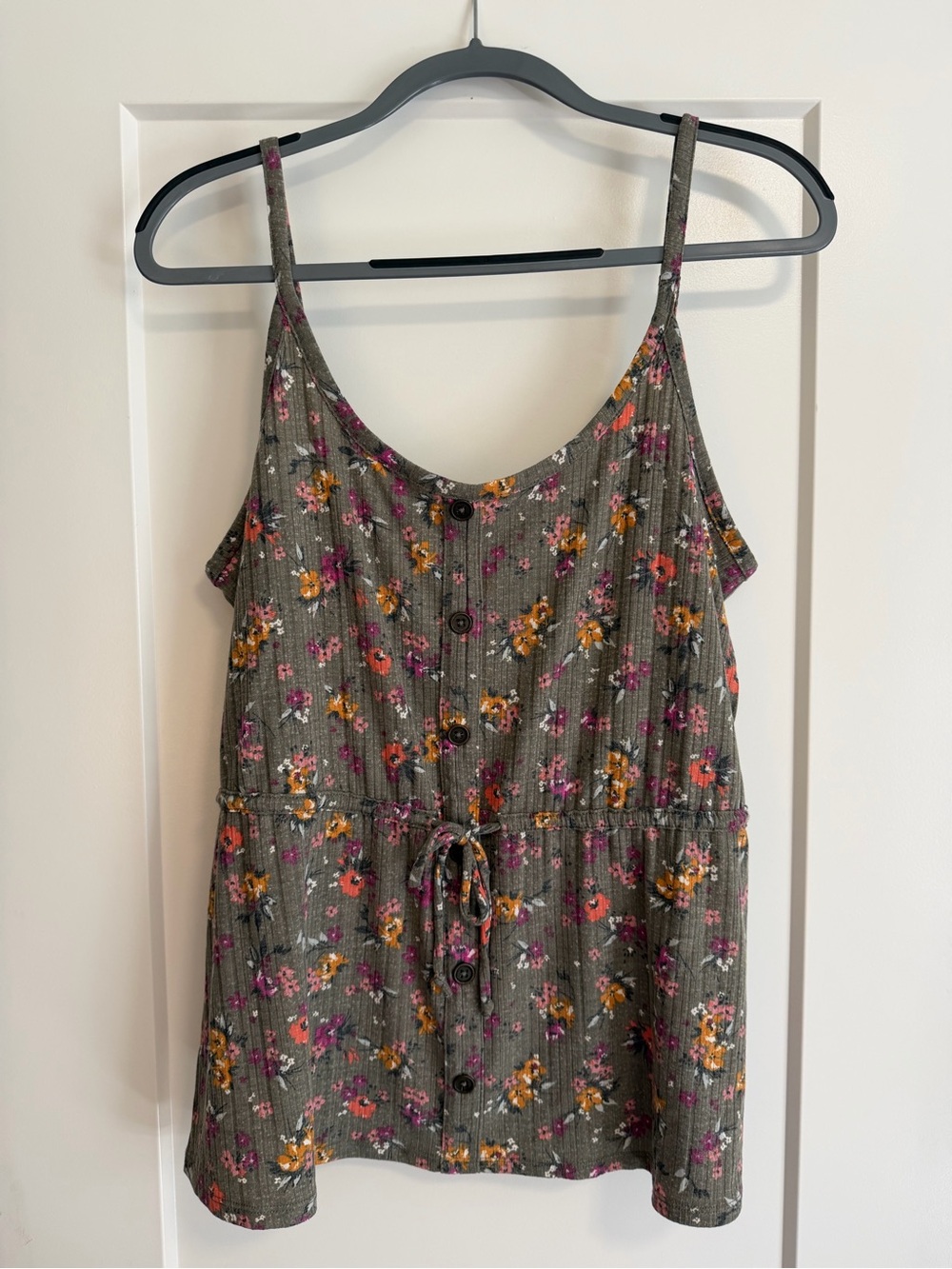 Maurices Olive Floral Button-Front Tank with Waist Tie